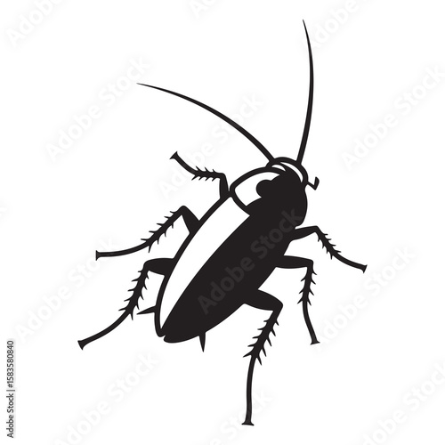 A vector illustration of a stylized black and white cockroach with long antennae and spiky legs.