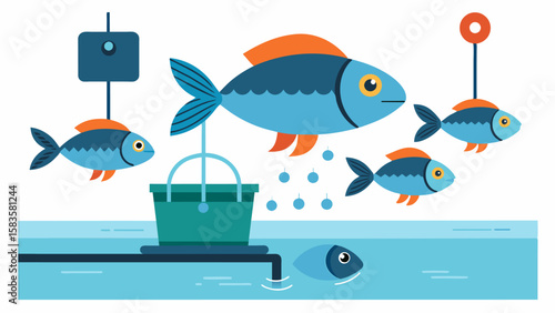 An innovative fish grading system that uses ultrasonic sensors to accurately determine the size and weight of fish swimming in a pond enabling more efficient sorting and. Vector illustration