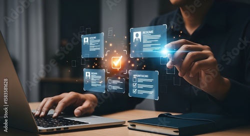 Recruitment Process with Hologram Interface Displaying Candidate Profiles | Human Resources Technology for Hiring, Employee Selection and Talent Acquisition