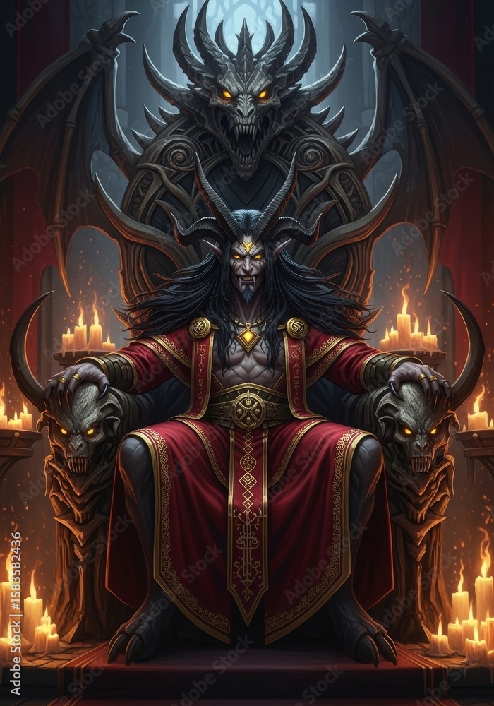 Fototapeta premium Dark Lord's Throne Room - A demonic lord sits upon his throne, flanked by gargoyles and a menacing dragon. Symbolism of power, darkness, evil, dominance, and ritual