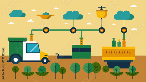 An illustration of how soil sampling machines can be integrated with other agricultural technologies such as irrigation systems and nutrient applicators to create a fully. Vector illustration