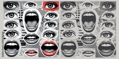 Collage of expressive eyes and open mouths in a retro pop art style with a red accent eye