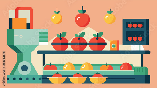 An illustration highlighting the precision and speed of automated fruit sorters with fruits being sorted and weighed simultaneously.. Vector illustration