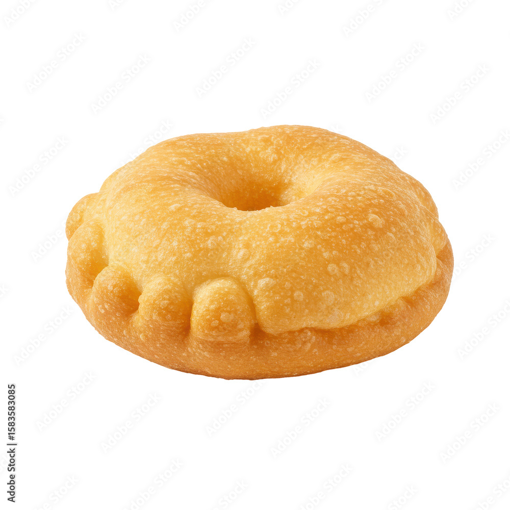 A close-up view of a freshly baked, golden-brown donut with a unique shape, set against a plain background A close-up view of a freshly baked, golden-brown donut with a unique shape, set against a plain background