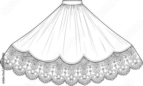legant skirt design with lace detailing, vector fashion sketch, CAD garment drawing for apparel manufacturing, textile illustration, clothing design reference