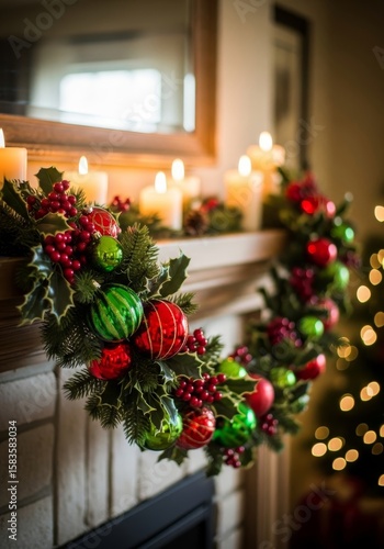 Festive Christmas Mantelpiece Garland - A vibrant Christmas garland adorned with red and green ornaments, berries, and lush greenery elegantly drapes a fireplace mantel, illuminated by warm