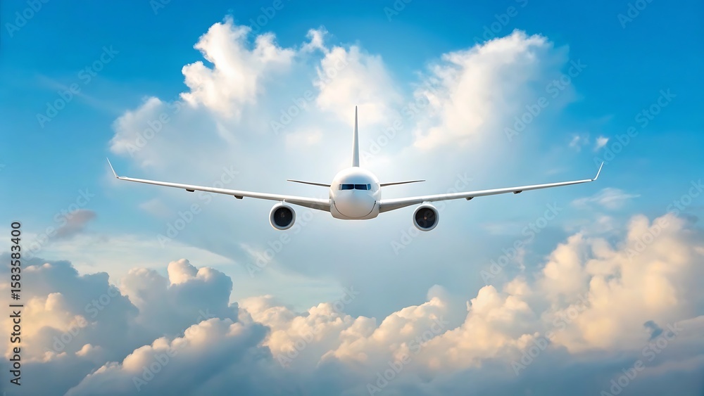 Obraz premium White airplane flying through blue sky clouds aircraft