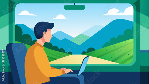 Escaping the noisy city the digital nomad reveled in the peacefulness of the train journey watching as the rolling hills and lush greenery passed by outside their window.. Vector illustration