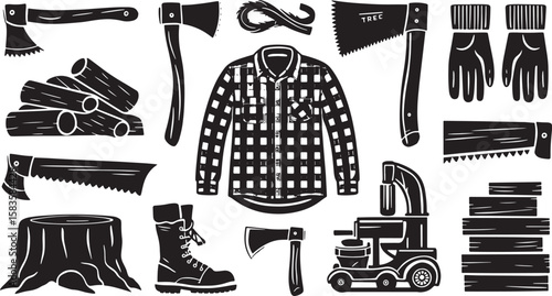 Lumberjack Equipment Vector Set Lumberjack Tools and Clothing Icons Axe Saw Wood Pile Boots Flannel Shirt Gloves Stump