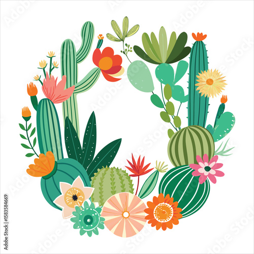 Vibrant wreath composed of various colorful cacti and desert flowers