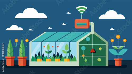 Automated greenhouse systems equipped with IoT technology can simulate different climate conditions allowing for experimentation and optimization of crop growth.. Vector illustration