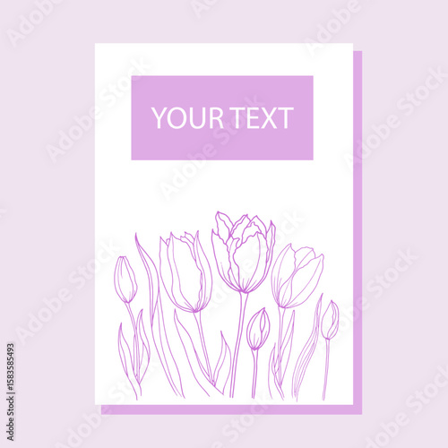 Card with pink tulips. Hand-drawn vector illustration for wedding, invitation or greeting card. 