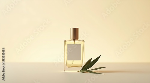 Transparent Perfume Christmas Mockup with Olive Leaf on Cream Soft