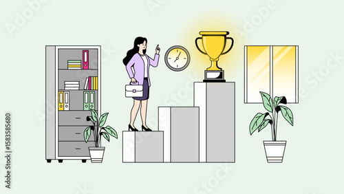 Career Development Illustration. Ambitious Woman Climbing Career Ladder, Skill Improvement, Success Goals, Female Entrepreneur Growth. Flat Cartoon Business Graphic.