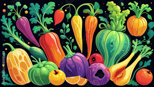 Assorted Colorful Vegetables and Fruits on Dark Background