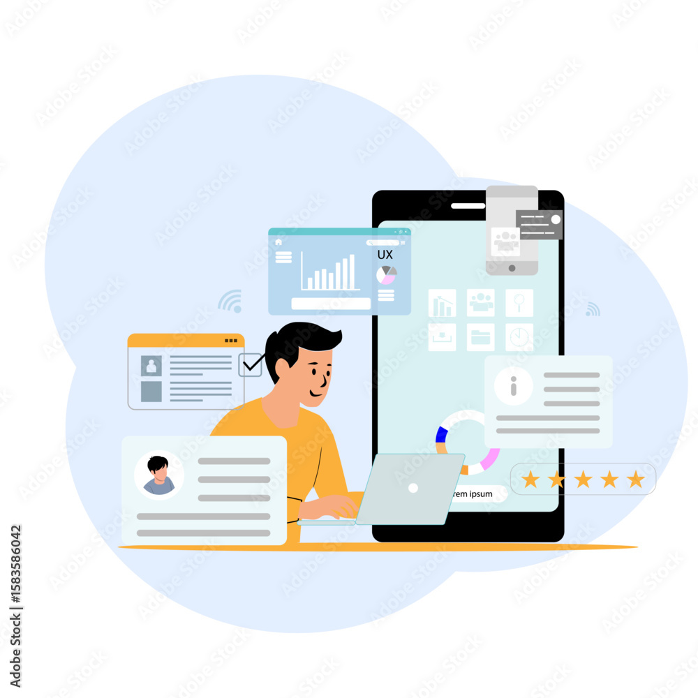 custom made wallpaper toronto digitalFlat workspace of a person designing mobile UX UI at home. Floating screens, tablets, and graphs show digital productivity in a smart, minimal setup.