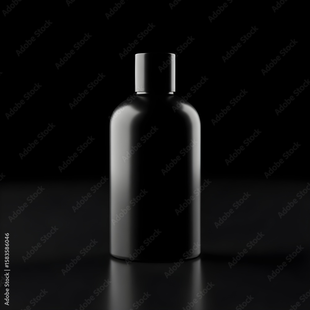 Sleek black cosmetic bottle mockup, luxurious product packaging for branding display Sleek black cosmetic bottle mockup, luxurious product packaging for branding display
