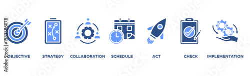 Action plan banner web icon vector illustration concept with icon of objective, strategy, collaboration, schedule, act, launch, check, and implementation