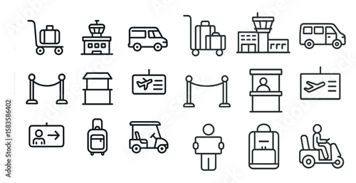 Set of icons for airport transportation and services. The icons include a suitcase, a cart, a van, a taxi, a bus, a car, a person, a wheelchair, a scooter, a trolley, a train