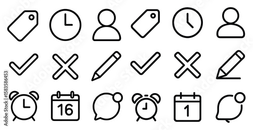 Collection of icons including a clock, a check mark, a pencil, and an exclamation point