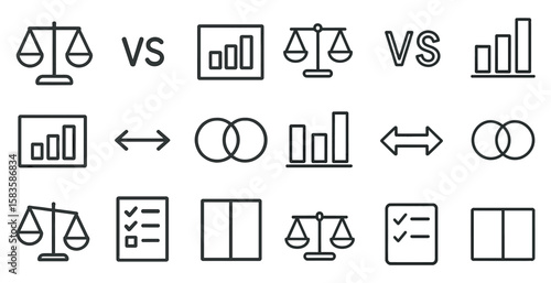 The image is a collection of various symbols and shapes, including scales, checks, and arrows. Scene is one of balance and comparison, as the different shapes