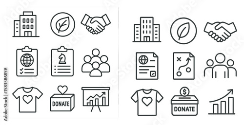 Set of icons for business and charity. The icons include a handshake, a box, a shirt, a donation box, a sign, a building, a person, a person with a paper, a person with a clipboard
