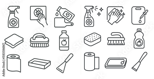 Set of cleaning supplies including a bottle of Windex, a bottle of dish soap, a bottle of hand soap, a bottle of toilet paper, a roll of toilet paper, a sponge, a brush, a bottle of Windex, a bottle