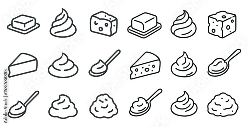 Series of food items are shown in a white and black style. The items include butter, cheese, and a spoon. Concept of indulgence and comfort, as these are common foods associated with relaxation