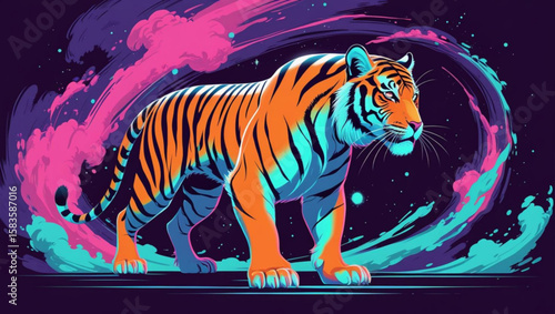 Psychedelic Tiger in a Neon Cosmic Landscape