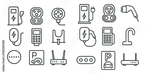 Set of icons for various electronic devices and services. The icons include a calculator, a cell phone, a car, a parking meter, a parking sign, a parking meter, a parking sign, a parking meter