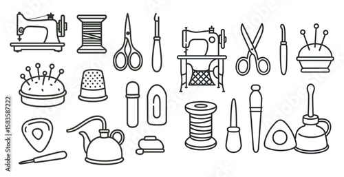 Collection of sewing tools and supplies. The image is a collection of various sewing tools and supplies, including scissors, needles, and pins. Scene is one of creativity and craftsmanship