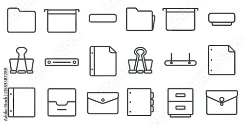 Set of office supplies including a stapler, paper clips, and a binder. The image is a collection of various office supplies, each with a different shape and size