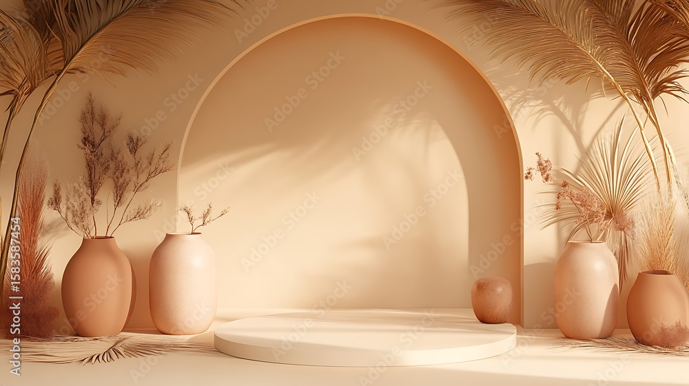 Fototapeta premium Pastel beige display podium with dried plants