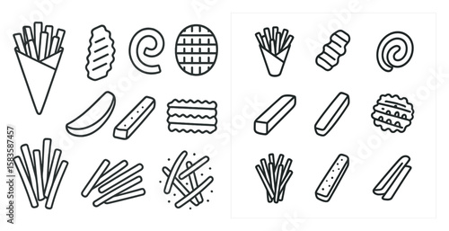 Set of french fries and other food items are shown in a white and black style. The fries are arranged in various shapes and sizes, with some being long and thin, while others are short and stubby