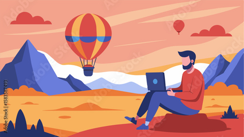Golden hour casts a warm glow on a digital nomad as they capture the breathtaking views from their hot air balloon balancing their camera and laptop on their knees.. Vector illustration