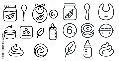 Set of baby food jars and spoons. The jars are labeled with numbers 6 and 6