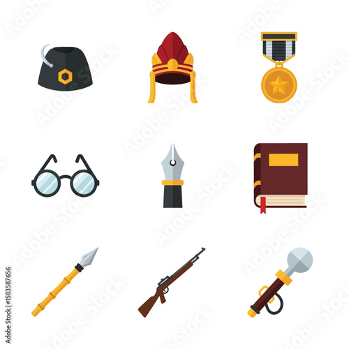 Collection of diverse flat-design icons depicting cultural, historical, and military objects.