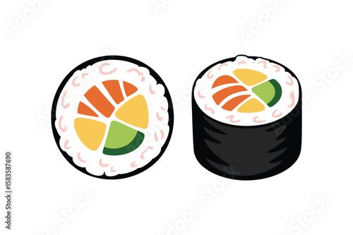 Gimbap or kimbap. Korean roll made from rice, vegetables and meat wrapped in seaweed. Traditional asian food. Top and side view. Flat vector illustration isolated on white background