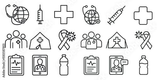 Set of medical icons including a syringe, a bottle, a cross, a stethoscope, and a person