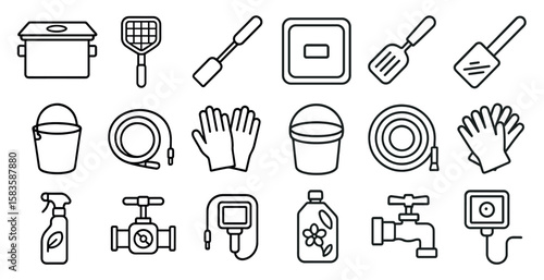 Collection of various items such as a bucket, a hose, a spray bottle, and a spatula