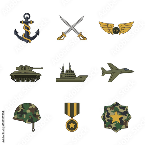 Illustration of various military symbols, including an anchor, swords, and aircraft wings.