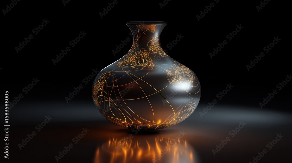 3D render of a futuristic metallic vase with glowing patterns, placed on a reflective surface in a dark room 3D render of a futuristic metallic vase with glowing patterns, placed on a reflective surface in a dark room