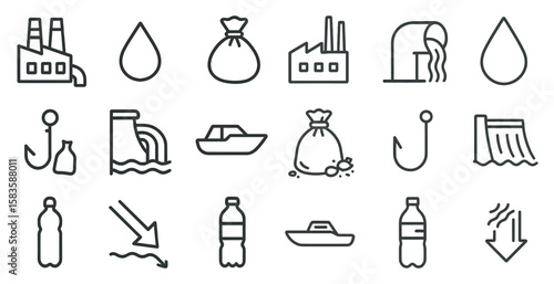 Series of icons depicting various water-related objects and activities. The icons include a bottle, a boat, a bag, a fishing rod, a building, and a pipe. Scene is one of environmental awareness
