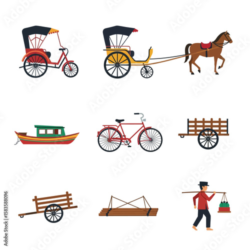 Collection of various transport and conveyance illustrations with diverse modes of movement and