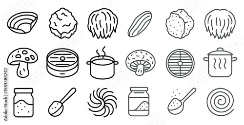 Collection of food items and utensils are shown in a black and white style. The items include a spoon, a jar, a pot, a cup, a bowl, and a mushroom
