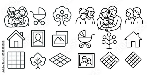 Family of four is holding a baby. The baby is in a stroller. The family is surrounded by a house, a tree, and a car