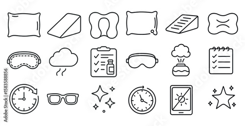 Set of icons for sleep and relaxation, including a clock, glasses, and a star. The icons are arranged in a grid, with some overlapping each other