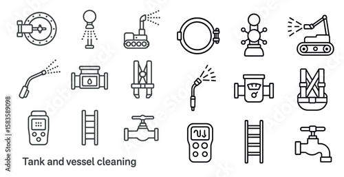 Collection of icons for tank and vessel cleaning. The icons include a ladder, a fire hydrant, a fire truck, a water hose, and a bucket
