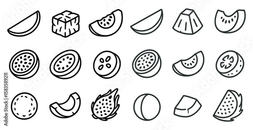 Series of fruit slices are shown in a black and white drawing. The slices include a variety of fruits such as apples, oranges, and melons. The drawing conveys a sense of freshness and abundance