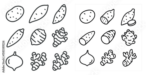 Variety of vegetables, including potatoes, carrots, and ginger. The vegetables are arranged in a grid pattern, with some overlapping and others standing alone. Scene is one of abundance and variety